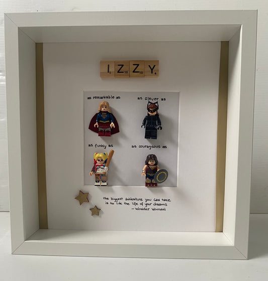 Personalised Female superhero Lego frame. A unique way to remind her she’s strong and fierce and she is a hero