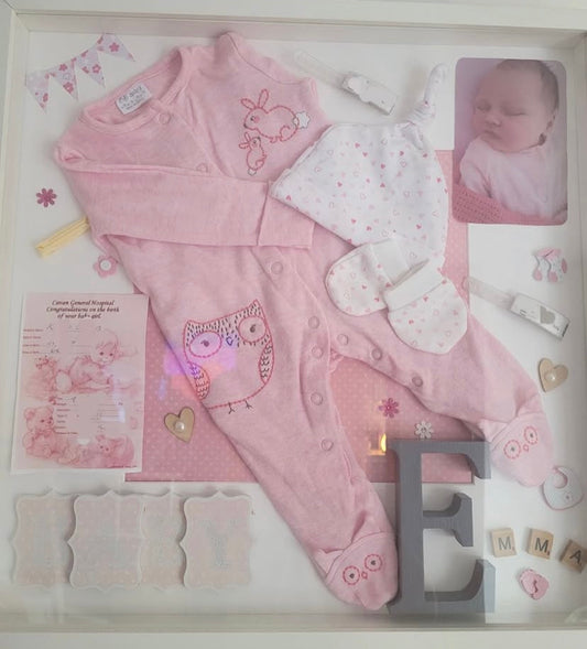 Large baby keepsake frame. A unique way to keep your baby’s important thing safe and on display. Handmade in Ireland