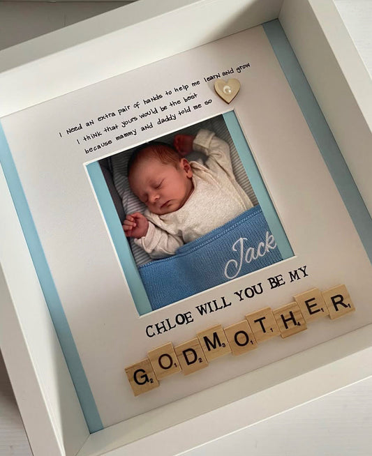 Will you be my godmother scrabble frame. A unique godparent proposal gift that they will have to cherish forever. Handmade in Ireland