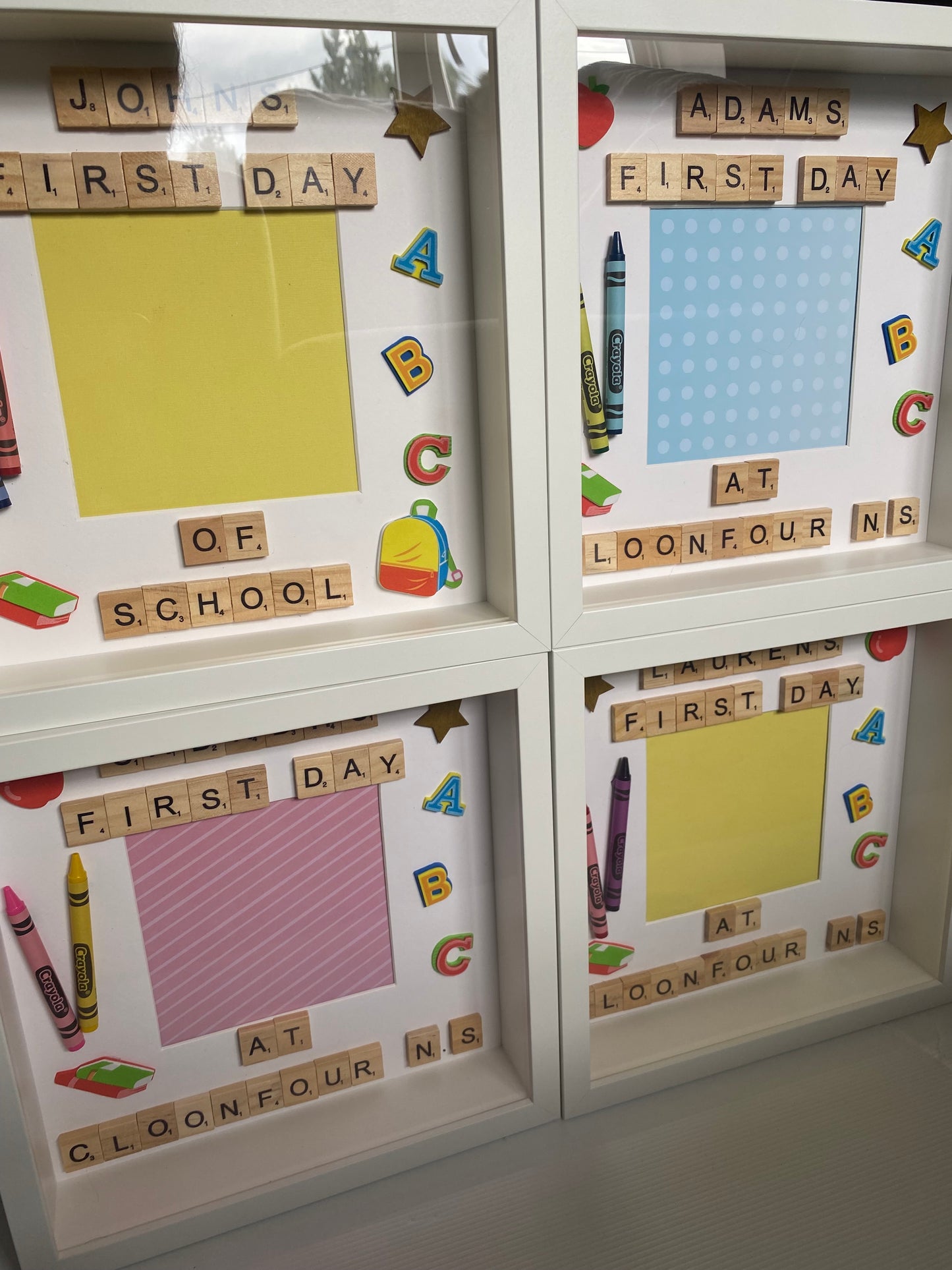 Personalised first day of school scrabble frame. With space for a photo and fun school themed embellishments. Handmade in Ireland