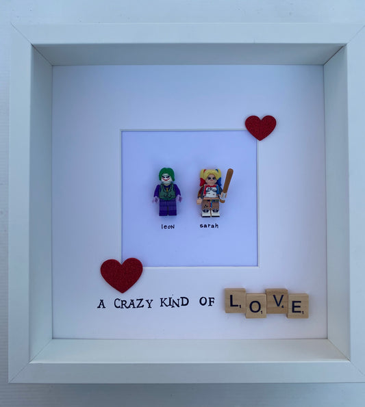 The joker and Harley Quinn Lego personalised frame for couples. Perfect for Valentine’s Day or an anniversary gift. Handmade in Ireland