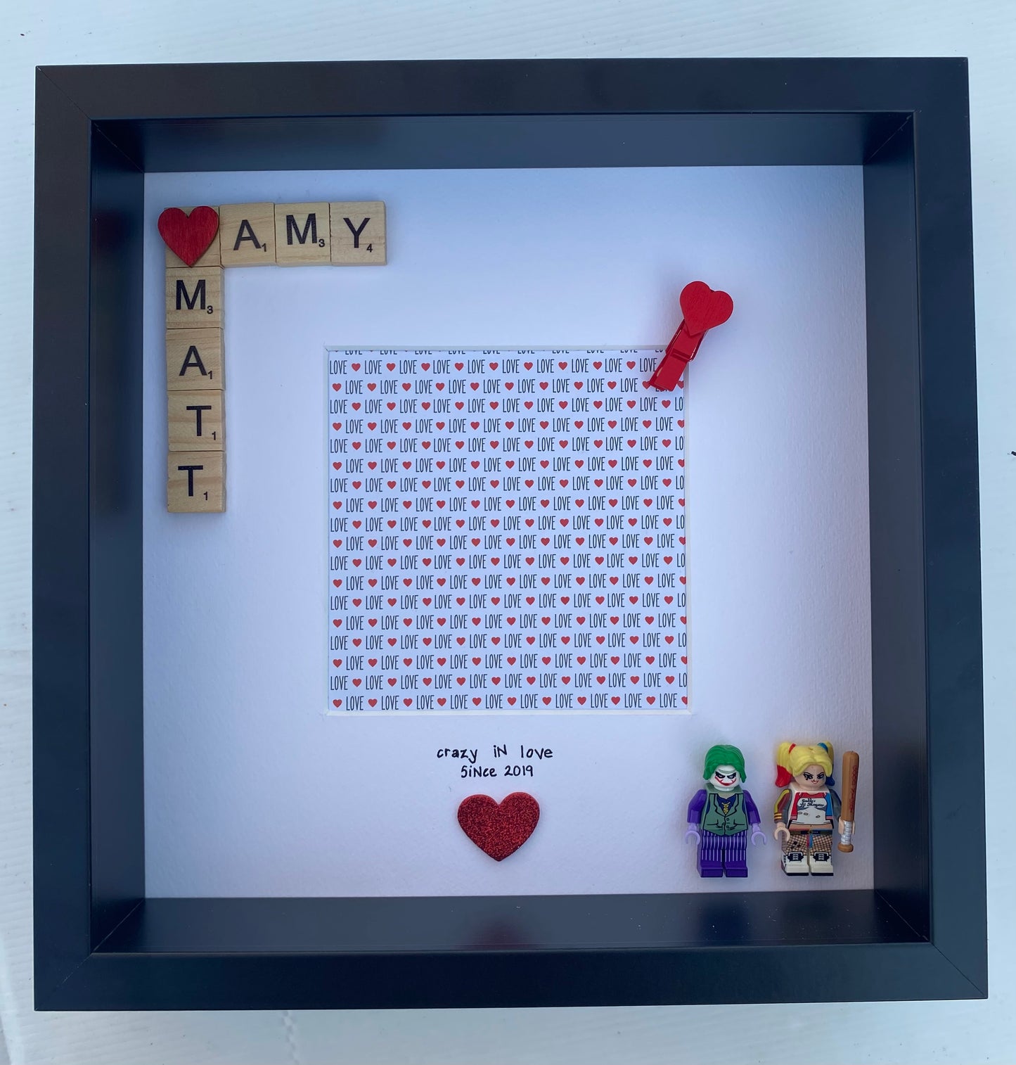 The joker and Harley Quinn Lego personalised frame for couples. Perfect for Valentine’s Day or an anniversary gift. Handmade in Ireland