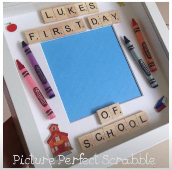 Personalised first day of school scrabble frame. With space for a photo and fun school themed embellishments. Handmade in Ireland
