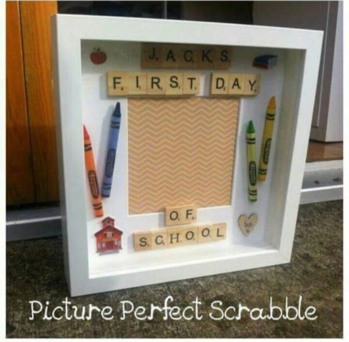 Personalised first day of school scrabble frame. With space for a photo and fun school themed embellishments. Handmade in Ireland