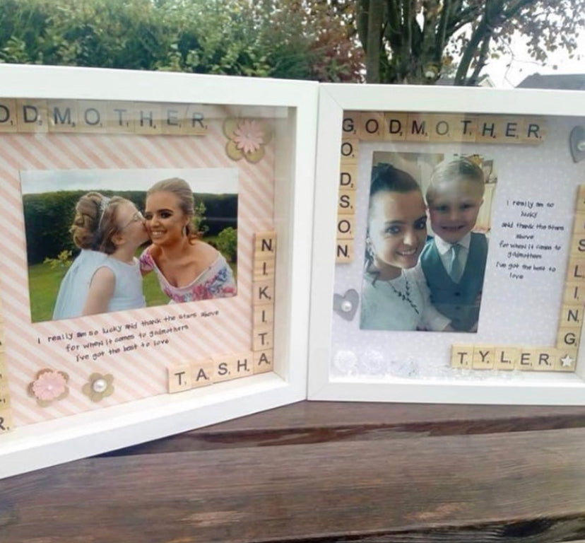 Godmother and godchild personalised frame. Handmade in Ireland. A unique gift for any godmother or godfather