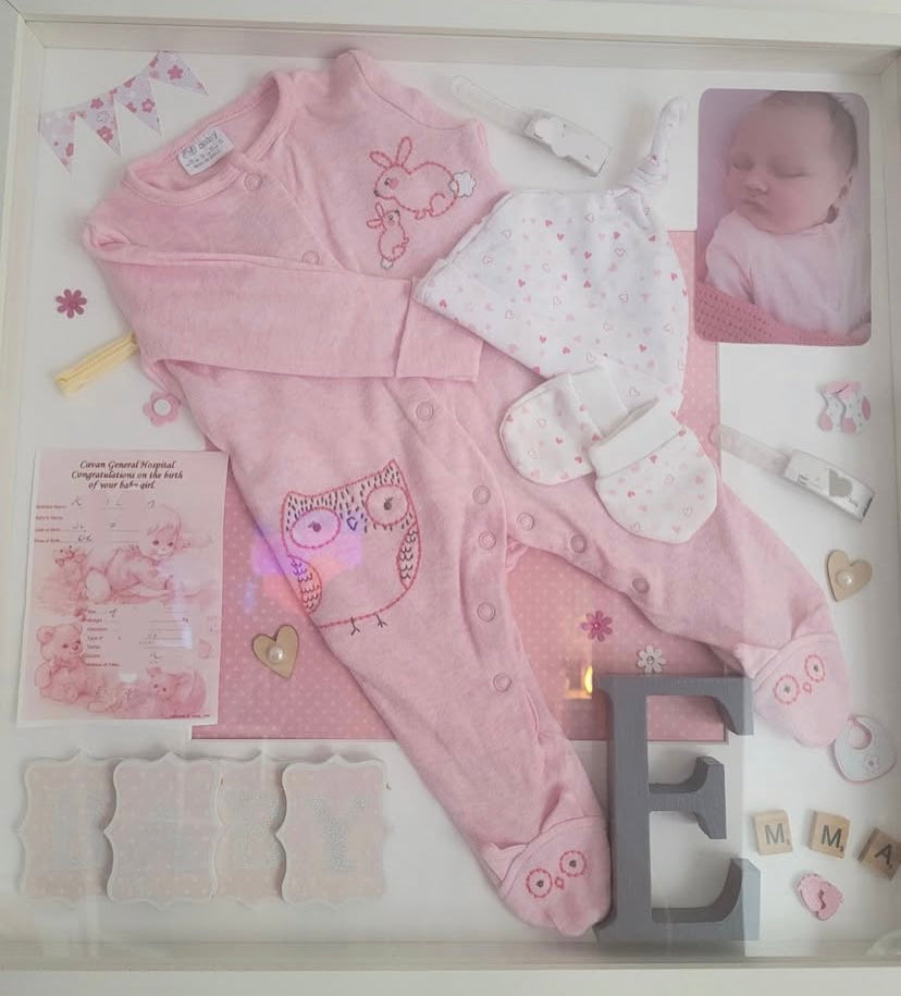 Large baby keepsake frame. A unique way to keep your baby’s important thing safe and on display. Handmade in Ireland 