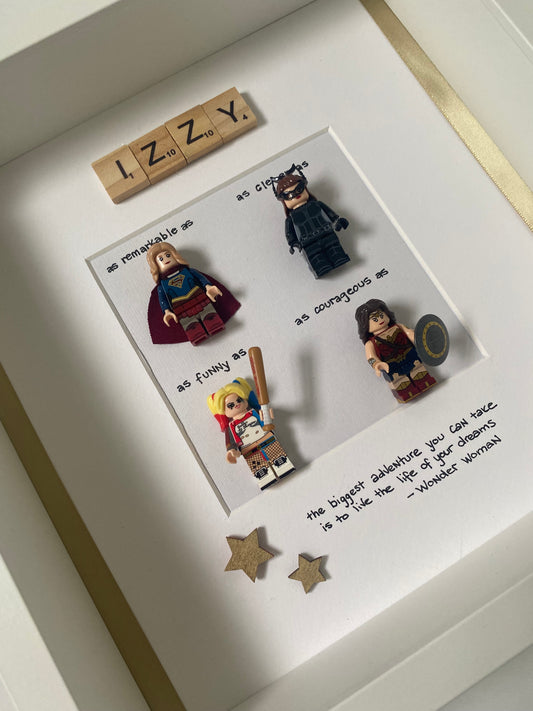 Personalised Female superhero Lego frame. A unique way to remind her she’s strong and fierce and she is a hero 