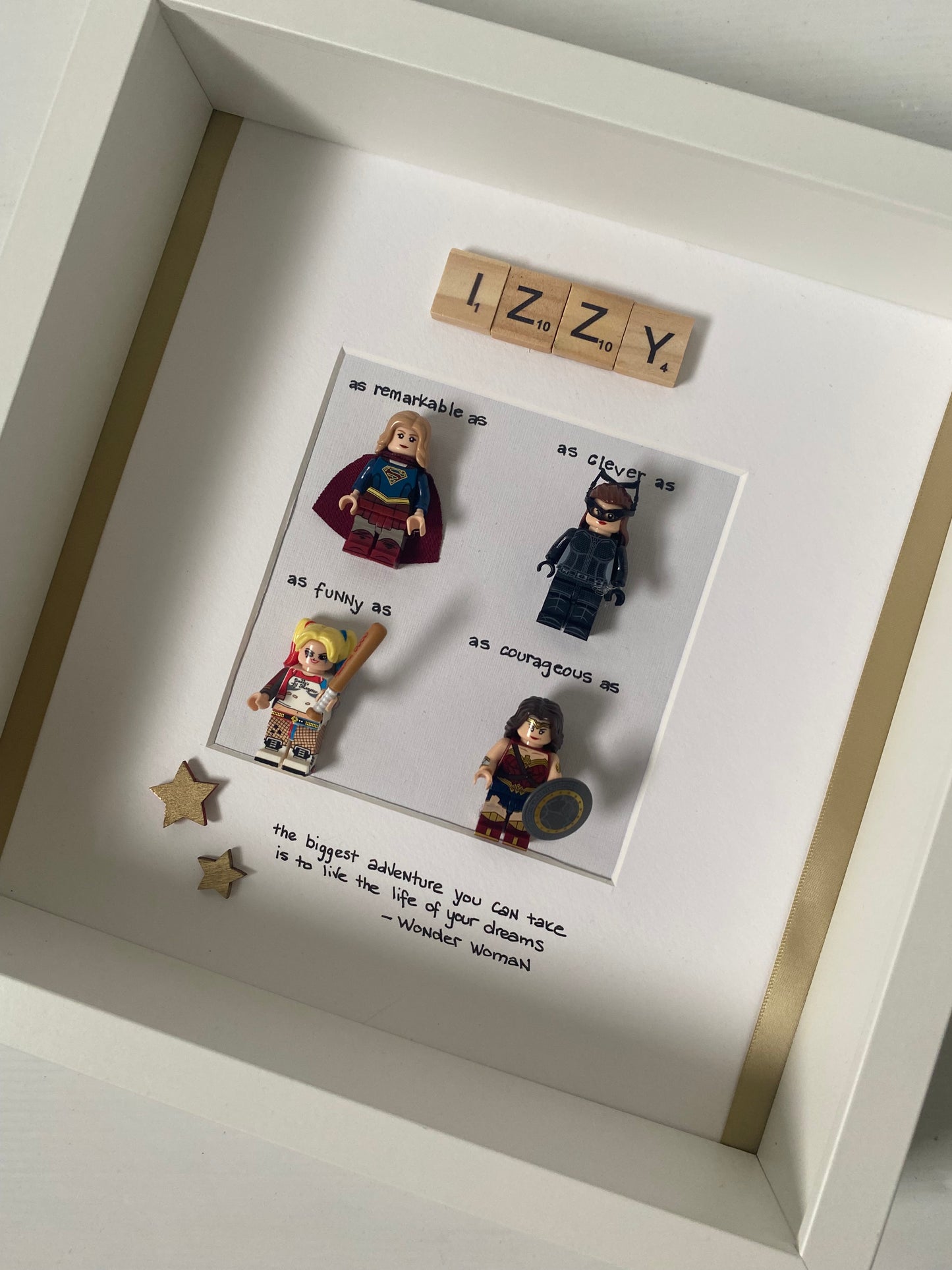 Personalised Female superhero Lego frame. A unique way to remind her she’s strong and fierce and she is a hero 