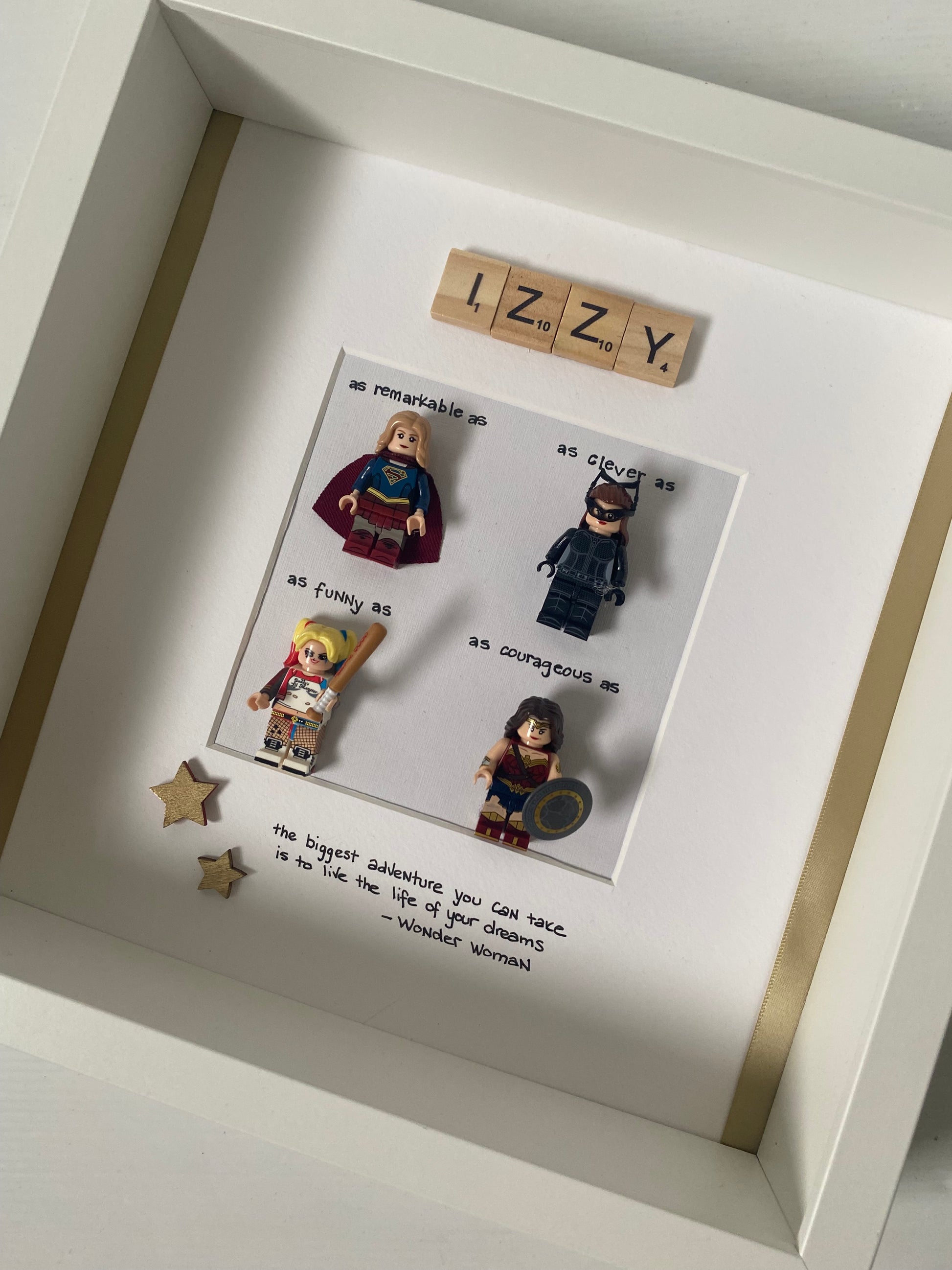 Personalised Female superhero Lego frame. A unique way to remind her she’s strong and fierce and she is a hero 