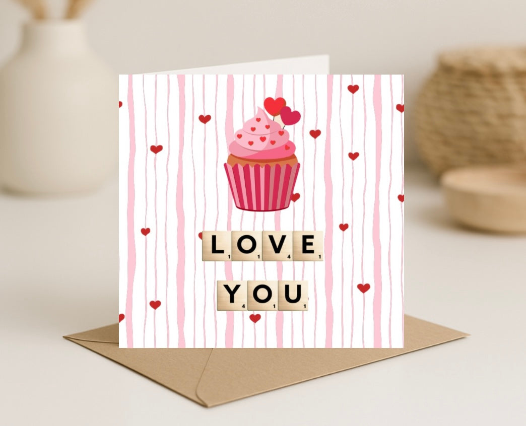 Love You Scrabble Cupcake Card